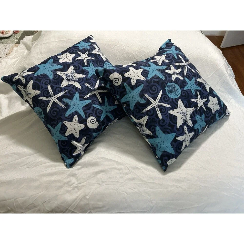 Set of 2 Blue & White Coastal Starfish Square Throw Pillows 18x18 Sewn Closed